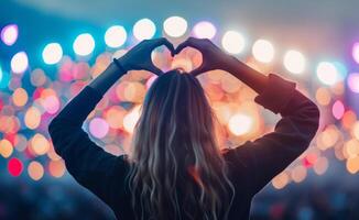 Audience Member Forms Heart Shape With Hands at Concert During Night Performance photo
