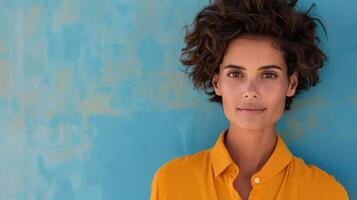 Smiling Woman in Yellow Shirt With Pink Headband Against Colorful Background photo
