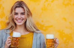 Young Woman Smiling With Beer Mugs Against Bright Yellow Background photo