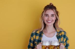 Young Woman Smiling With Beer Mugs Against Bright Yellow Background photo