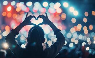 Audience Member Forms Heart Shape With Hands at Concert During Night Performance photo