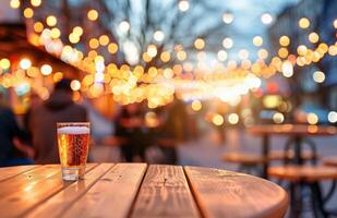 Outdoor Pub Gathering at Golden Hour With Beer Glasses and Warm String Lights photo