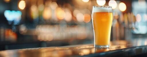 Craft Beer Glass on Bar Counter in Warmly Lit Brewery at Sunset photo
