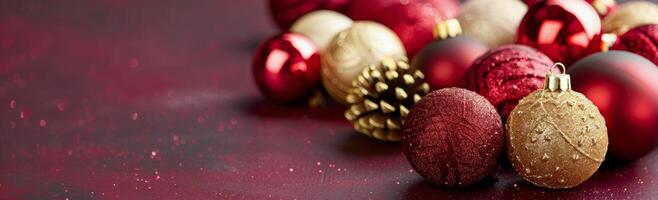Colorful Christmas Ornaments on a Burgundy Background photo