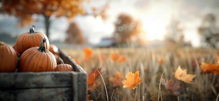 Pumpkins in Rustic Crate Surrounded by Autumn Leaves at Dusk photo