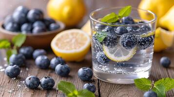 Refreshing Blueberry Lemonade With Mint and Fresh Ingredients on Rustic Wooden Table photo