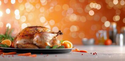 Roasted Turkey With Citrus and Berries on Table With Holiday Lights photo