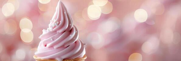 Swirled Pink Ice Cream Cone With Sprinkles on Soft Focus Background photo