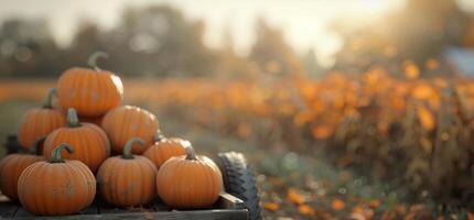 Pumpkins in Rustic Crate Surrounded by Autumn Leaves at Dusk photo