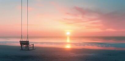 Sunset Swing on Serene Beach With Gentle Waves at Dusk photo