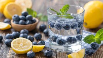 Refreshing Blueberry Lemonade With Mint and Fresh Ingredients on Rustic Wooden Table photo