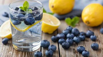 Refreshing Blueberry Lemonade With Mint and Fresh Ingredients on Rustic Wooden Table photo