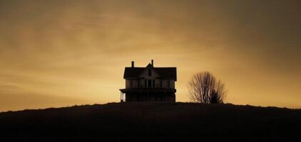 Mysterious Figure Approaches Abandoned House in Foggy Landscape at Dusk photo