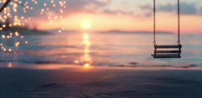 Sunset Swing on Serene Beach With Gentle Waves at Dusk photo