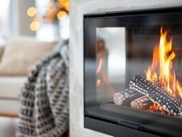 Cozy Candle Arrangement With Pine Cone and Rustic Scarf Near Fireplace at Night photo