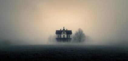Mysterious Figure Approaches Abandoned House in Foggy Landscape at Dusk photo