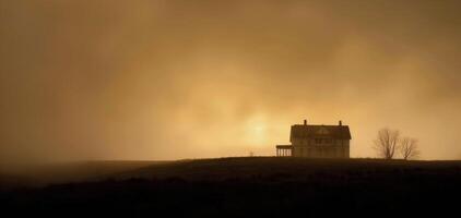 Mysterious Figure Approaches Abandoned House in Foggy Landscape at Dusk photo