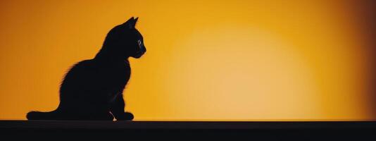 Black Cat Sitting Against Bright Yellow Background in Daylight photo
