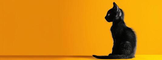 Black Cat Sitting Against Bright Yellow Background in Daylight photo