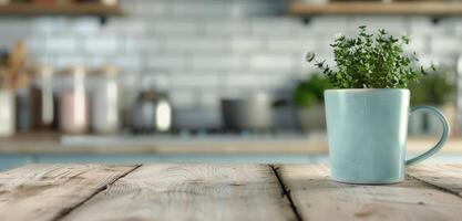 Rustic Wooden Table in a Cozy Kitchen With Soft Ambient Lighting photo