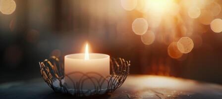 Warm Candlelight Amidst Soft Glowing Bokeh at Dusk photo