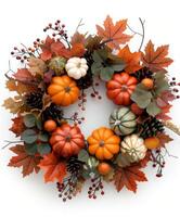 Autumn Wreath Decorated With Pumpkins, Gourds, and Fall Leaves photo