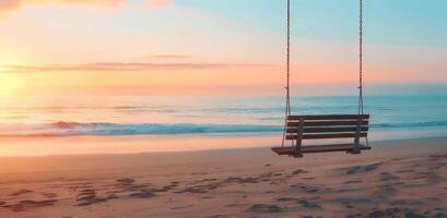 Sunset Swing on Serene Beach With Gentle Waves at Dusk photo