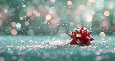 Festive Gift Wrapped in Red Ribbon Amidst Soft Snowfall and Glittering Lights photo