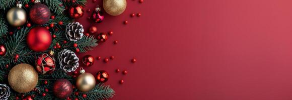 elegante Navidad decoraciones con adornos y pino conos en rojo antecedentes foto