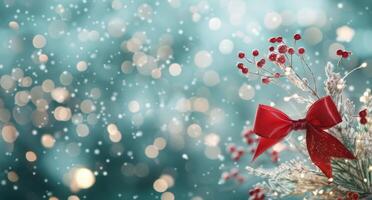 Festive Gift Wrapped in Red Ribbon Amidst Soft Snowfall and Glittering Lights photo