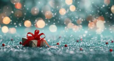 Festive Gift Wrapped in Red Ribbon Amidst Soft Snowfall and Glittering Lights photo