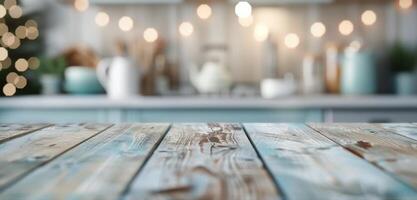 Rustic Wooden Table in a Cozy Kitchen With Soft Ambient Lighting photo