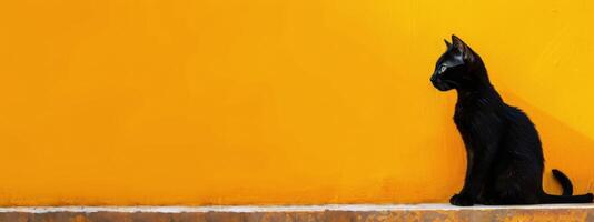 Black Cat Sitting Against Bright Yellow Background in Daylight photo