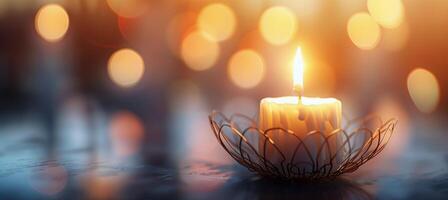 Warm Candlelight Amidst Soft Glowing Bokeh at Dusk photo
