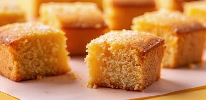 Freshly Baked Sweet Vanilla Cake Cubes On A White Surface photo