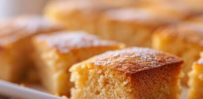 Freshly Baked Sweet Vanilla Cake Cubes On A White Surface photo