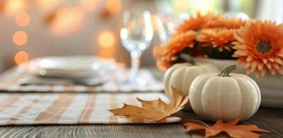 Autumn Decor With Pumpkins and Flowers in a Cozy Cafe Setting photo
