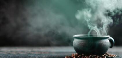 Steaming Black Pot With Coffee Beans on Table in Low Light Setting photo