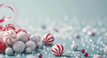 Festive Candy and Ornaments on a Light Blue Surface During the Holiday Season photo