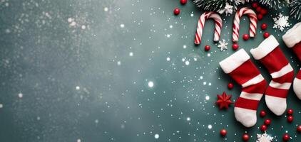 Festive Red Christmas Stocking Surrounded by Gifts and Decorations on Holiday Background photo
