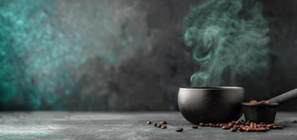 Steaming Black Pot With Coffee Beans on Table in Low Light Setting photo