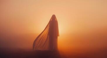 Silhouetted Figure With Flowing Veil Against Orange Sunset Sky photo