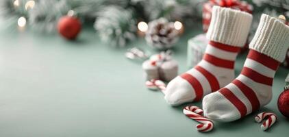 Festive Red Christmas Stocking Surrounded by Gifts and Decorations on Holiday Background photo