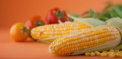 Freshly Harvested Corn Ears on Vibrant Orange Background photo