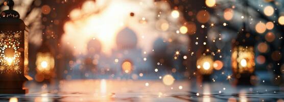 Decorative Lanterns Illuminating a Sparkling Background During a Festive Evening photo