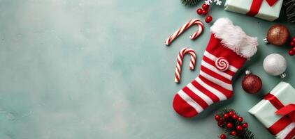 Festive Red Christmas Stocking Surrounded by Gifts and Decorations on Holiday Background photo