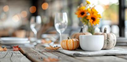 Autumn Harvest Table Decor With Pumpkins and Wine Glasses in Cozy Setting photo