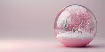Enchanted Winter Scene With Cherry Blossom Trees and White Deer in Snow Globe photo