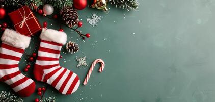 Festive Red Christmas Stocking Surrounded by Gifts and Decorations on Holiday Background photo