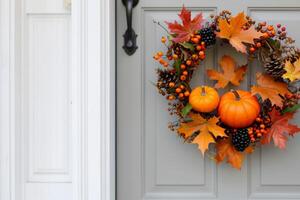 White Pumpkin Decoration With Fall Leaves Near Window Display in Autumn photo